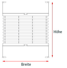 Grafik zur Vermessung des Plissee VS2: zeigt Messpunkte für Breite und Höhe