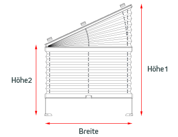 Maßgrafik für Plissee VS4 – zeigt die Breite sowie die Höhenmaße 1 und 2